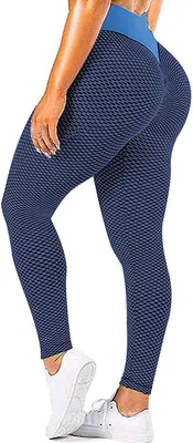 Produktbild von ASKSA Damen Leggings Honeycomb Sporthose Anti Cellulite High Waist Yogahosen Stretch Push Up Workout Yoga Fitness Butt Lift Jogginghose (Blau,XL)