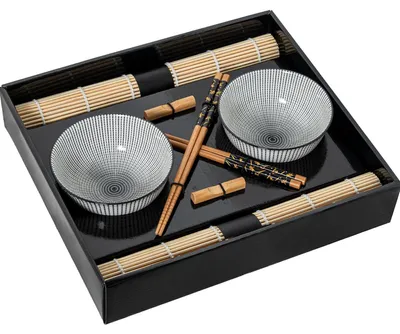 Sushi-Set mit 2 Schalen, Essstäbchen & Untersetzern, 12x12x6 cm