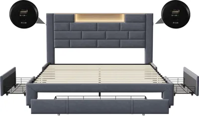 Image de ProximaX lit rembourré 160x200 avec fonction de recharge USB&Typ-c, lit de rangement avec sommier à lattes, lit double avec 3 tiroirs, lit pour adolescents Lit classique, velours,