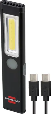 A black LED work light with two USB-C cables on a white background.
