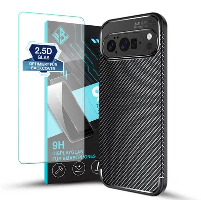 Produktbild von Handy Hülle für Google Pixel 11 Pro XL mit 9H Displayglas Displayschutz Carbon Look Cover Case Schutzhülle Farbe: Schwarz