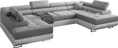 Produktbild von Ecksofa mit Schlaffunktion und Bettkasten, U-Form Ecksofa mit Schlaffunktion, Eckcouch Sofa, Wohnlandschaft u-form 338x203cm hellgrau, Kunstleder weiß