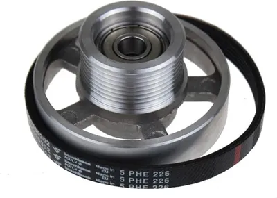 A pulley and belt assembly on a white background.