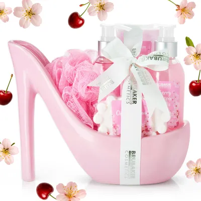 Obrázok produktu pre BRUBAKER Cosmetics Luxury Cherry Blossom Beauty Set - 6-dielna sada do kúpeľa a sprchy - darčeková súprava v keramickej ružovej farbe Stiletto