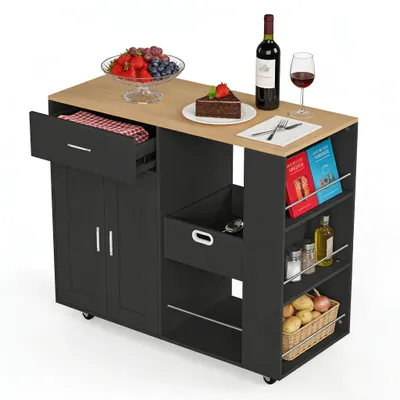 Produktbild von INONEFT Kücheninsel mit Rollen, Küchenwagen mit Arbeitsplatte, Servierwagen mit Schublade und Schrank, 3 Gewürzregal, 102 x 46 x 92 cm, Schwarz