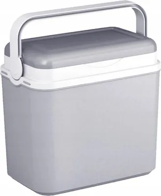 A silver and white cooler box with a handle.
