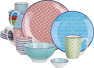 Produktbild von Vancasso Tafelservice Porzellan, Tafelservice bunt, Macaron 24 teilig Geschirrset, mit Speiseteller, Dessertteller, Müslischalen,Kaffeebecher und Dipschälchen für 4 Personen