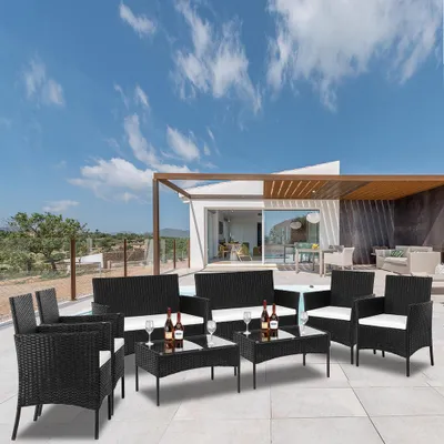 Produktbild von Geflochtenes Rattan-Loungeset – Loungesofa – Set mit Hocker – Möbel für Balkon und Terrasse – Schwarzes, wetterfestes Rattan