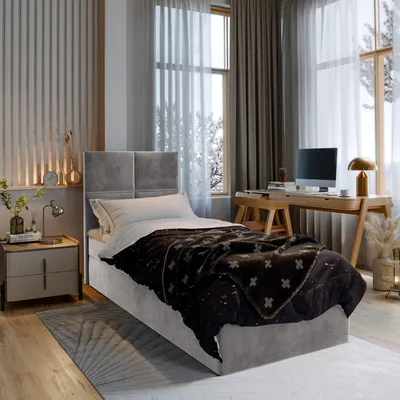 A bedroom scene with a bed, desk, and window.
