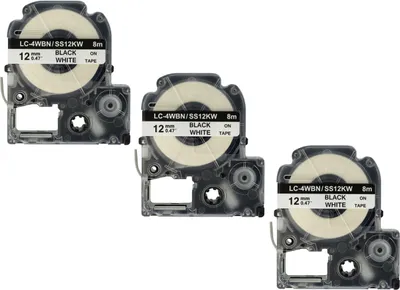 Produktbild von vhbw 3x Schriftband-Kassette kompatibel mit Epson Prifia OK300, OK500P, OK200, OK900P, OK720 Etiketten-Drucker 8m x 12mm Schwarz auf Weiß