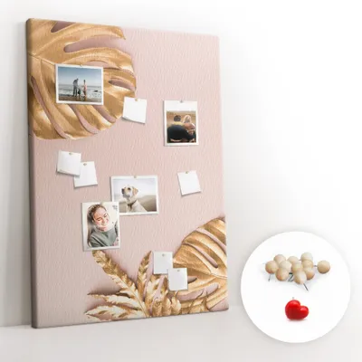 Produktbild von Korkwand mit Reißzwecken – Schwarzes Brett mit Reißzwecken für Fotos und Notizen – 100x140 cm – 100 Holz-Reißzwecken – Goldfolie