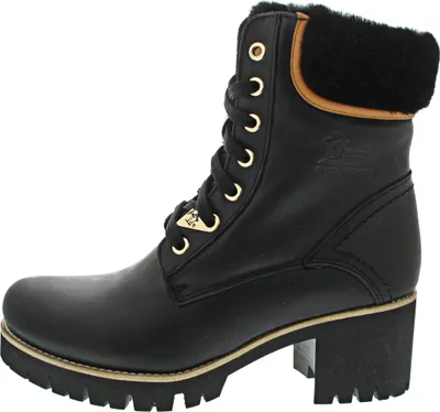 A side view of a black lace-up boot with a thick heel and fur trim.