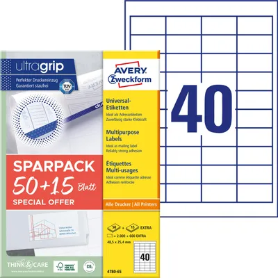 Image de AVERY Zweckform 4780-65 2.600 AVERY Zweckform Etiketten weiß 48,5 x 25,4 mm