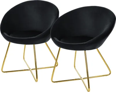 Two black velvet chairs with gold metal legs on a white background.