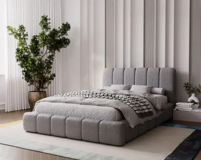 Obrázok produktu pre Čalúnená posteľ 180x200 Milan – dvojposteľ s úložným priestorom, posteľ s čelom – Boucle, svetlošedá