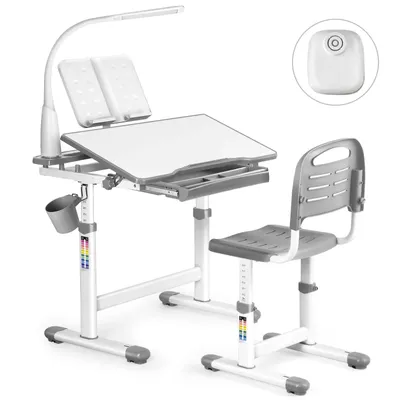 Produktbild von JOYLDIAS Kinderschreibtisch-Set, Mitwachsend & ergonomisch, 0-40° Neigplatte, Stahlbeine, Schublade, Haken, 66x78x(54-76)cm,Grau