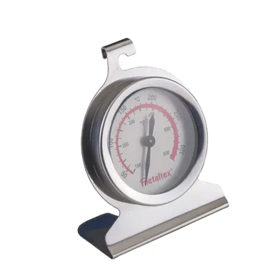A stainless steel oven thermometer with a dial and a hook stand.