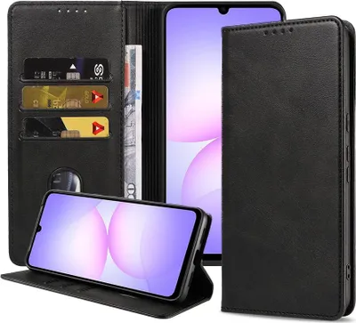 Produktbild von Geeignet für Samsung Galaxy A07 Handytasche Kunstleder mit Magnetverschluss und Kartenhalter Bookcase mit Klappe - Wallet Case mit Kartenfach - Schwarz - Smartphonica