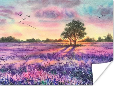 Produktbild von MuchoWow® Poster Lavendel - Farbe - Vögel - Bäume - Lila 80x60 cm - Kunst für zu Hause