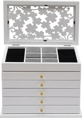 Immagine prodotto di Portagioie in legno - Portagioie a 6 ripiani e 5 cassetti - Per collane, bracciali, anelli e orecchini - Grande 31x20x24,5 cm - Bianco