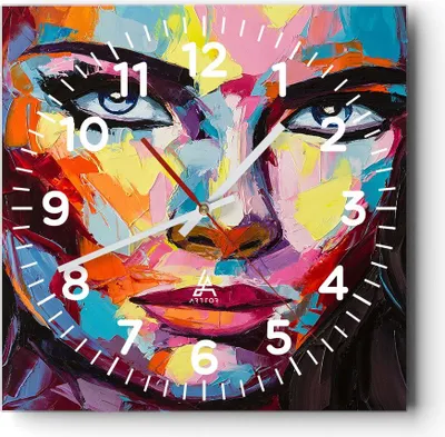 Produktbild von Wanduhr - Quadrat - Glasuhr - Mädchen Gesicht - 30x30cm - Schleichendes Uhrwerk - Lautlos - zum Aufhängen bereit - Dekoration Modern - Wanddekoration aus Glas - C4AC30x30-3471