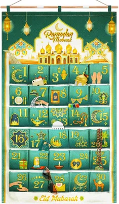 Image de Calendrier du Ramadan avec poches - Tissu réutilisable - Ramadan - Calendrier de l'Avent - Vide, à remplir - À suspendre au mur - Pour la maison - Ramadan - Décoration