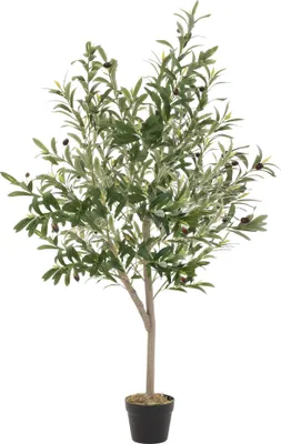 Produktbild von ML-Design Künstlicher Olivenbaum 150 cm, Kunstpflanze mit Naturholzstamm und Früchten im Topf für Indoor Outdoor