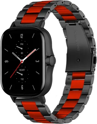 Produktbild von Strap-it Stahlarmband - Kompatibel mit Amazfit GTS 2 Armband Ersatzarmband Edelstahl - Gliederarmband mit Faltschließe - Hochwertiges Material - für Smartwatch 20mm Armband Schwarz / Rot