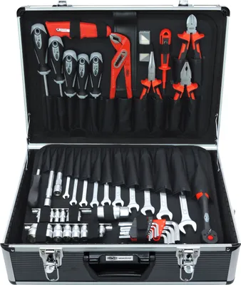 An open tool case filled with various tools.