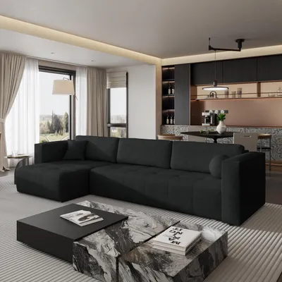 Produktbild von Masseno Ecksofa OLVERA mit Schlaffunktion L-Form, Sofa mit Bettkasten, Wohnzimmersofa, Couch, Soffa, Bettsofa, Couchgarnitur- Schwarz, NEVE 100