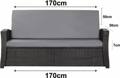 A front view of a grey and black outdoor sofa cushion set with dimensions indicated by text overlays.