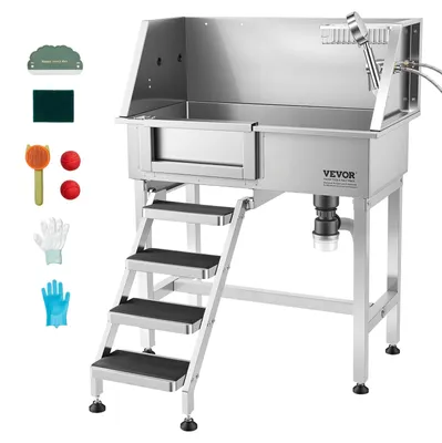 Produktbild von VEVOR Hundewaschstation aus Edelstahl, 870x488x1118mm Haustierpflegewanne bis 100kg mit Linker Schiebetür & Treppe, Tierbadewanne inkl. Abfluss Duschkopf Seifenhalter für Mittlere & Kleine Haustiere