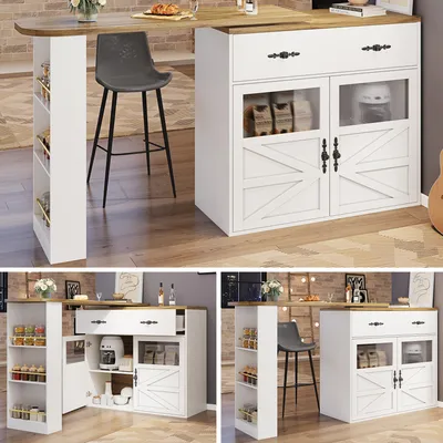 Image de Table de bar extensible blanche 138-204×39×104 cm, pivotante à 360°, mobile avec rangement et étagères, idéale pour la cuisine et le bistro.