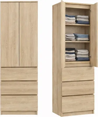 Produktbild von Home Collective Kleiderschrank, Garderobenschrank, Mehrzweckschrank 2-türig mit 3 Einlegeböden & 3 Schubladen | Schrank für Schlafzimmer, Flur oder Büro | Sonoma