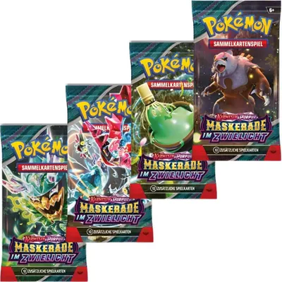 Produktbild von Pokémon 4er Booster Set - Maskerade im Zwielicht Booster Karmesin & Purpur - mit 4 Boostern a 10 Karten - DEUTSCH + Heartforcards Versandschutz