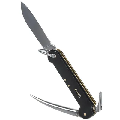 A multi-tool knife with a blade, a hook, and a spike.