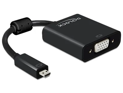 Produktbild von Delock - VGA-Adapter - 19 pin micro HDMI Type D (M) zu HD-15 (VGA), mini-phone stereo 3.5 mm, Mikro-USB Typ B (nur Strom) (W) - 17 cm - Schwarz