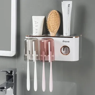 Produktbild von Zahnbürstenhalter Wand mit Zahnpastaspender und 2 Bechern, ohne Bohren, Weiß Gold