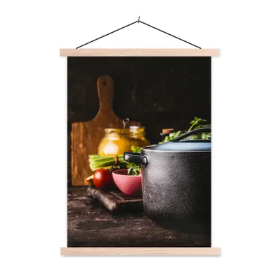 Produktbild von MuchoWow® Textilposter Rustikal - Stilleben - Pfanne - Gemüse 40x53 cm mit holzfarbenen Rahmen - Schlafzimmer