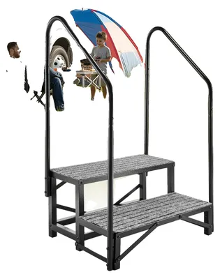 Produktbild von VEVOR Wohnmobilstufen mit Handlauf, 2 Stufen, 300 kg Tragfähigkeit, robuste Außentreppen für Wohnmobile mit rutschfester Matte für Senioren und Haustiere, tragbare Stufen für Whirlpool, Wohnwagen, Mobilheim, Veranda, Pool, SPA