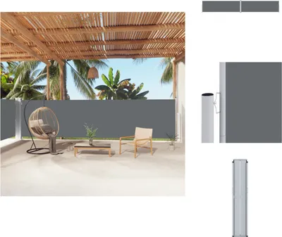 An outdoor patio area with a retractable side awning, furniture, and tropical plants.