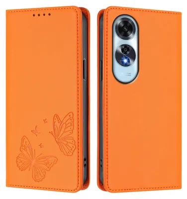Produktbild von Lederhülle für Oppo A60 4G, Schmetterling Prägung Leder Brieftasche Schutzhülle mit Ständer Orange