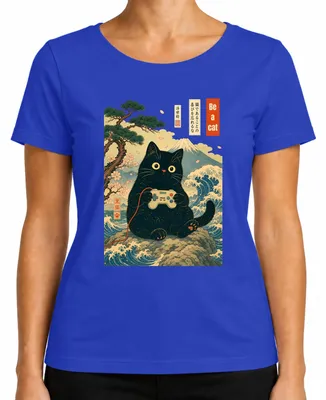Imagen del producto de Camiseta para mujer, diseño "Gato ", estilo "Gamer", con motivos japoneses "Ukiyoe", diseño de ola, estilo retro y Y2K, color azul, talla XXL
