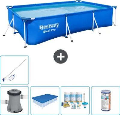 Produktbild von Bestway Rectangular Steel Pro Swimmingpool – 300 x 201 x 66 cm – Blau – inklusive Pumpe Abdeckung - Wartungspaket - Filter - Reinigungskit