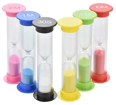 Produktbild von Sanduhr-Set mit 6 bunten Sandgläsern (10 Min. / 5 Min. / 3 Min. / 2 Min. / 1 Min. / 30 Sek.) – inklusive Aufbewahrungsbox für Küche und Kinder