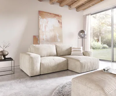 Produktbild von DELIFE Ecksofa Lanzo 230x155 cm Cord Beige Recamiere variabel mit Hocker