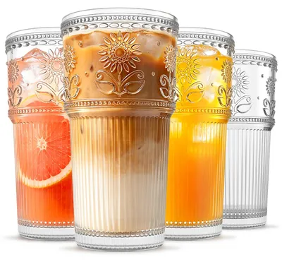 4er-Set Trinkgläser 600 ml, Sonnenblumen-Design, dickes Glas