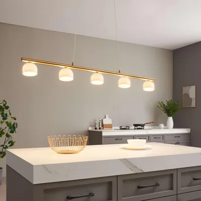 Produktbild von Lange LED-Hängeleuchte aus Messing mit 5 Glaskuppeln - Nysséa