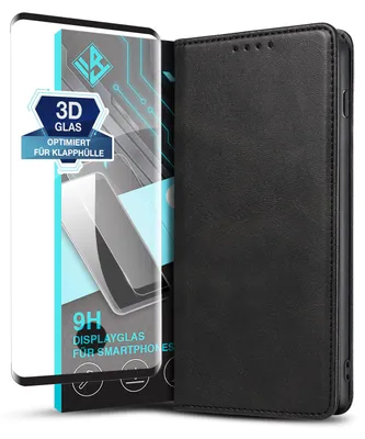 Produktbild von Handyhülle für Samsung Galaxy S10 mit 9H Displayglas Kunstleder Flip Cover Hülle Klapphülle Case Kartenfach Farbe: Schwarz