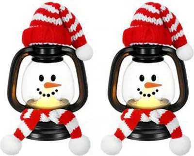 Produktbild von Mini-Schneemannlaterne mit Mützen und Schals, flackernde LED-Kerzen, kleines winterliches Schneemann-Tischdekorationsstück für Weihnachtsfeiern